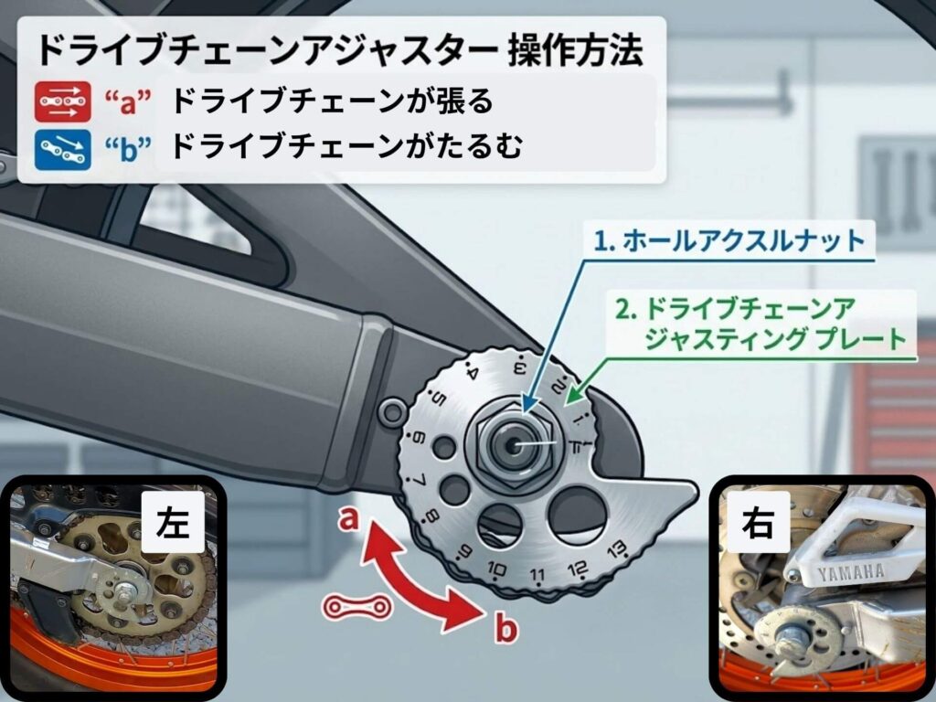 セロー250のチェーン張り調整用アジャスティングプレートとホールアクスルナットの操作方法