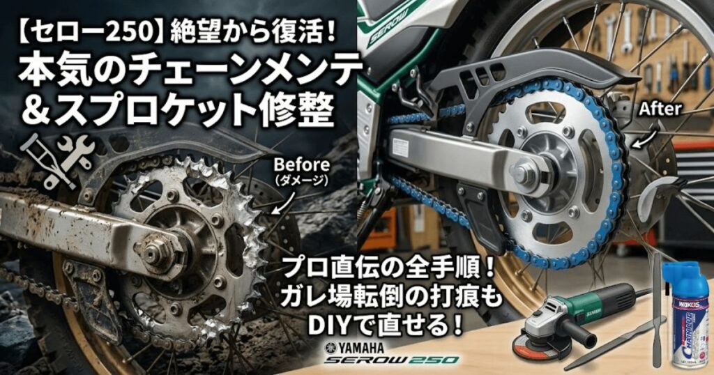 セロー250のチェーンメンテと打痕がついたスプロケットのDIY修整ガイド（Before/After）