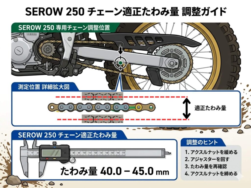 セロー250のチェーン適正たわみ量（40〜45mm）と正しい測定位置を示す図解ガイド