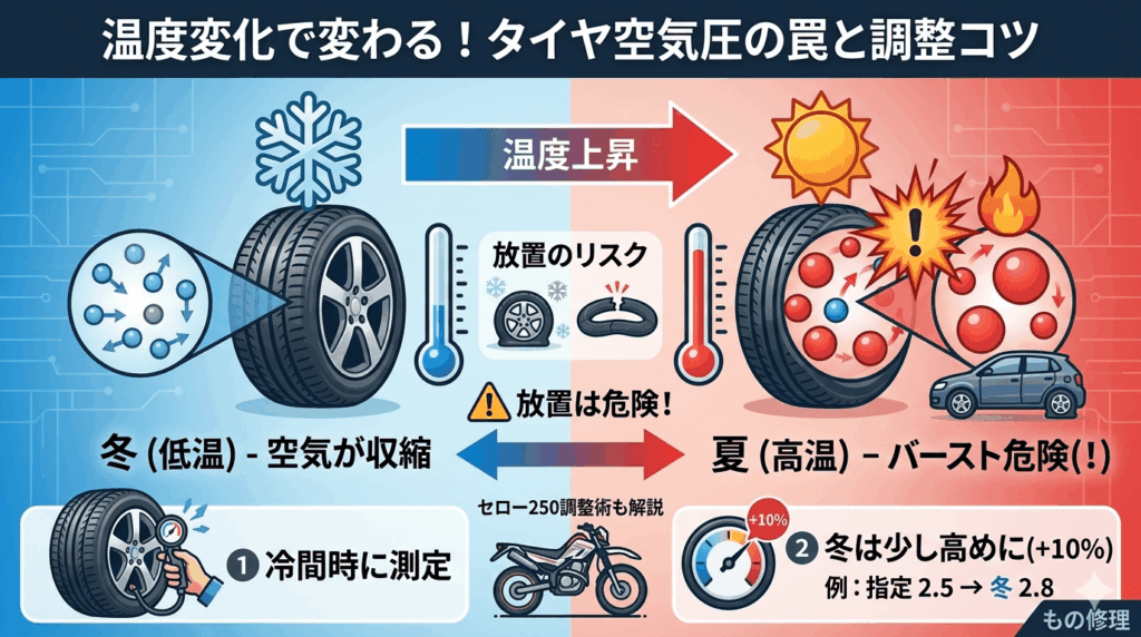 破裂の恐怖】冬に空気圧をパンパンにすると夏にバーストする!? 温度で激変するタイヤ空気圧の罠とセロー250の調整術