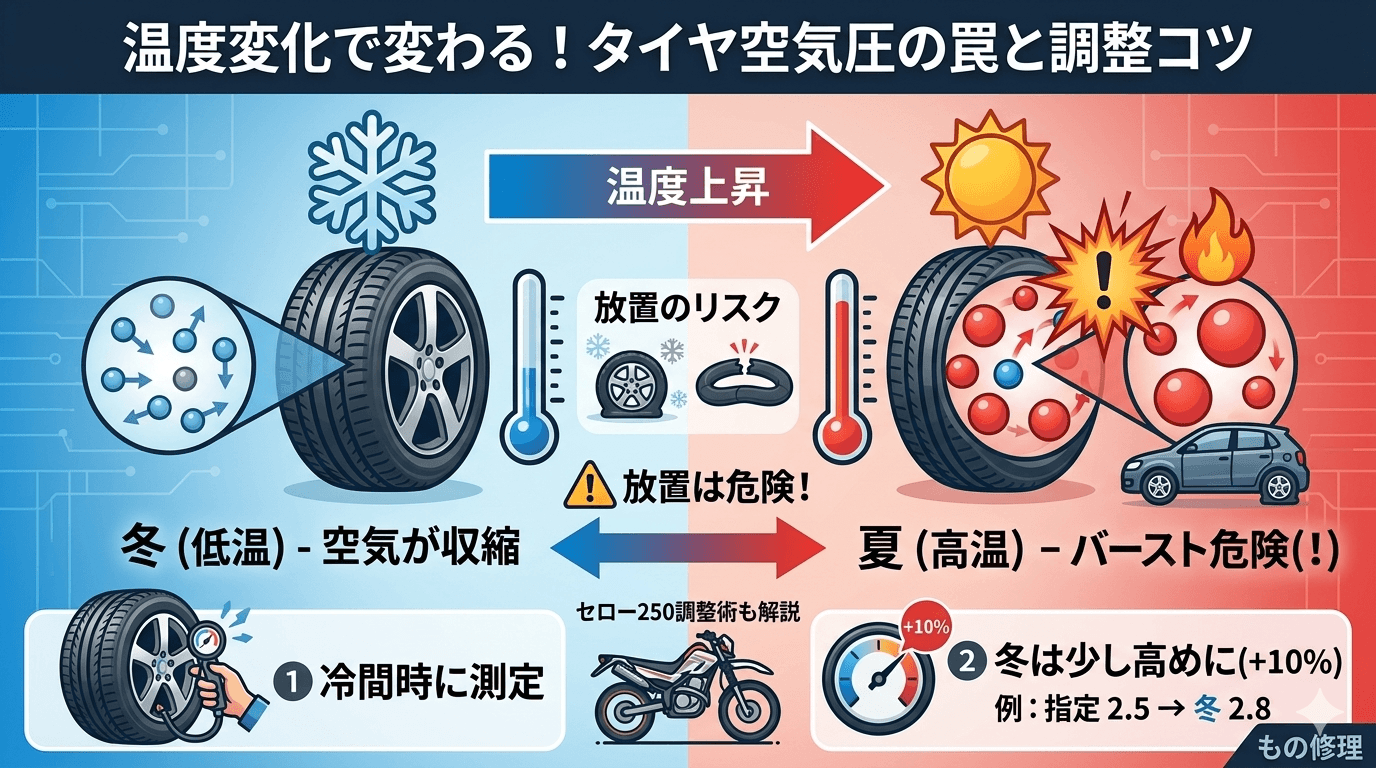 破裂の恐怖】冬に空気圧をパンパンにすると夏にバーストする!? 温度で激変するタイヤ空気圧の罠とセロー250の調整術