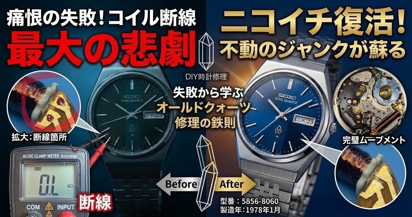 セイコー キングクォーツ（5856）のムーブメントと復活した本体を並べたDIY時計修理のアイキャッチ画像