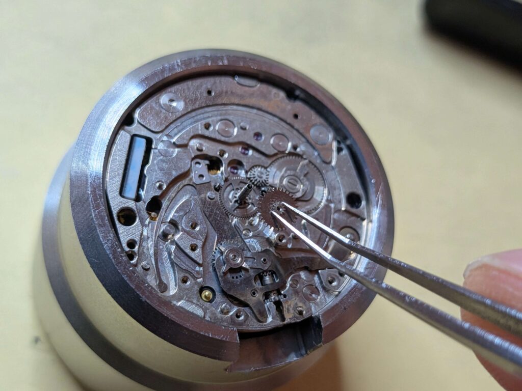 ピンセットを使用して日の裏車（ひのうらぐるま）を持ち上げる様子