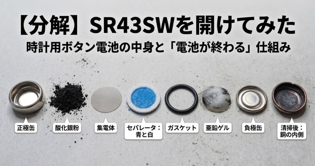 分解された時計用ボタン電池SR43SWの内部構造と部品の並び