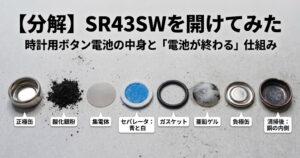 分解された時計用ボタン電池SR43SWの内部構造と部品の並び