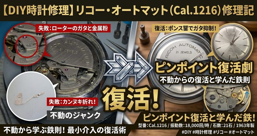 リコー・オートマットCal.1216の不動修理ブログ用アイキャッチ画像（ローター軸ガタ修正とカンヌキレバー交換によるピンポイント復活劇）